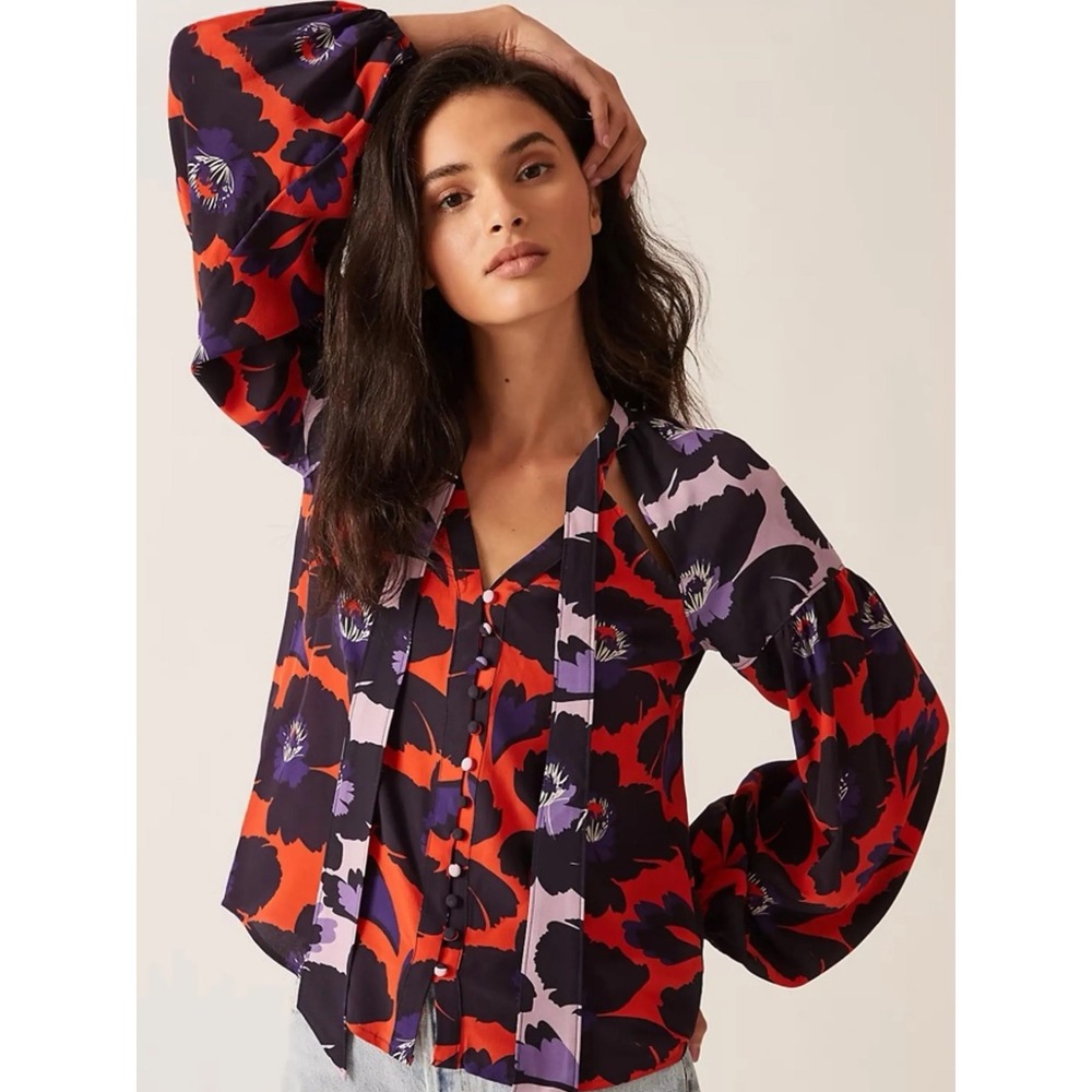 Maeve Floral Cold Shoulder Neck Tie Blouse Red Purple Poppy Button Down Indie To